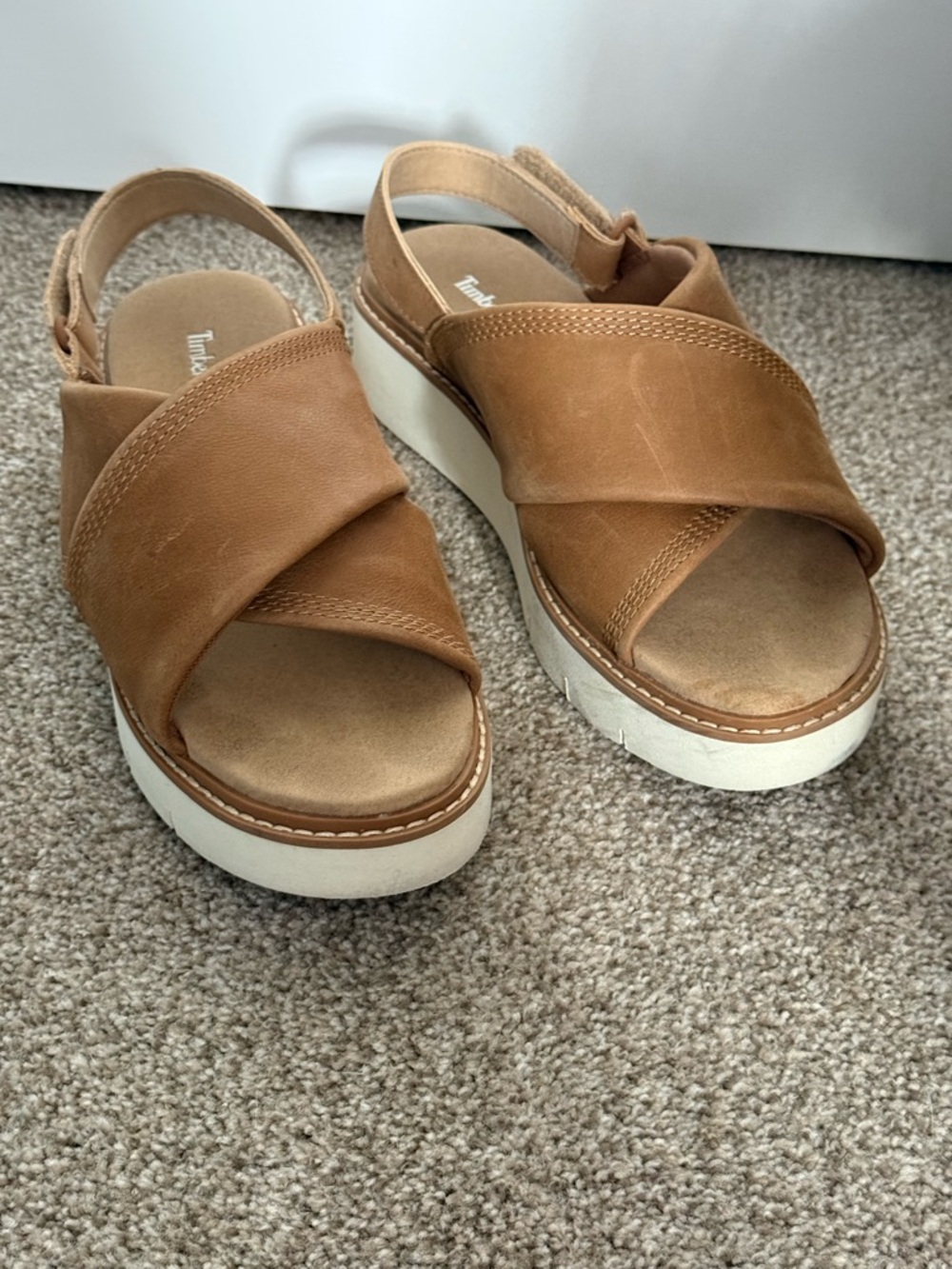 Timberland Women's Brown Leather Cross‑Band Platform Slingback Sandals